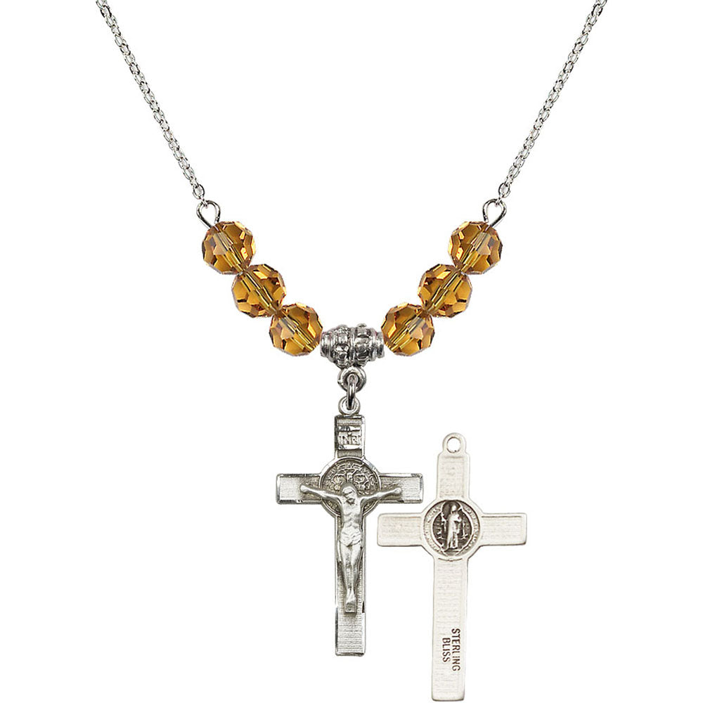 Sterling Silver Saint Benedict Crucifix Birthstone Necklace with Topaz Beads - 0625