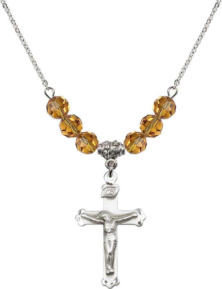 Sterling Silver Crucifix Birthstone Necklace with Topaz Beads - 0651