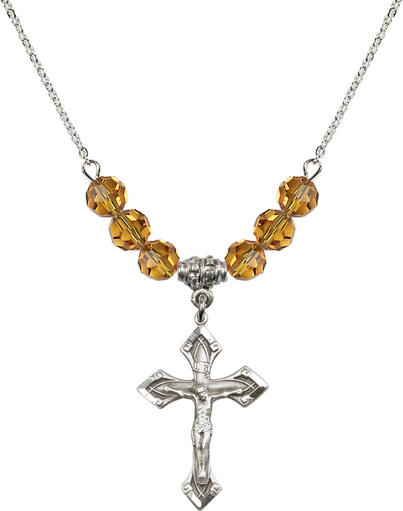 Sterling Silver Crucifix Birthstone Necklace with Topaz Beads - 0663
