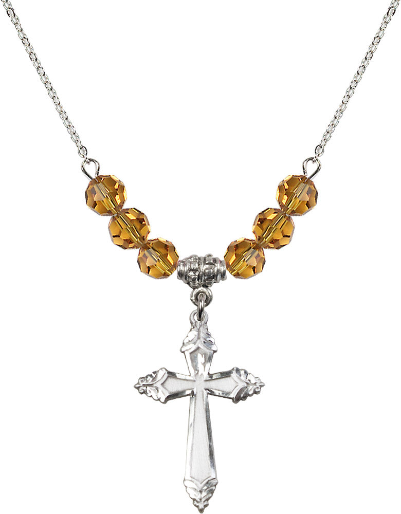 Sterling Silver Cross Birthstone Necklace with Topaz Beads - 0665