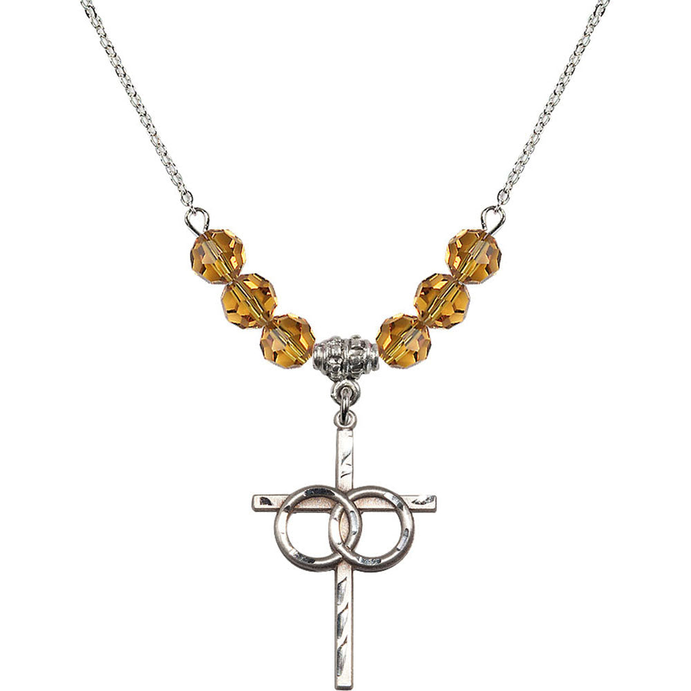 Sterling Silver Wedding Rings Cross Birthstone Necklace with Topaz Beads - 0671