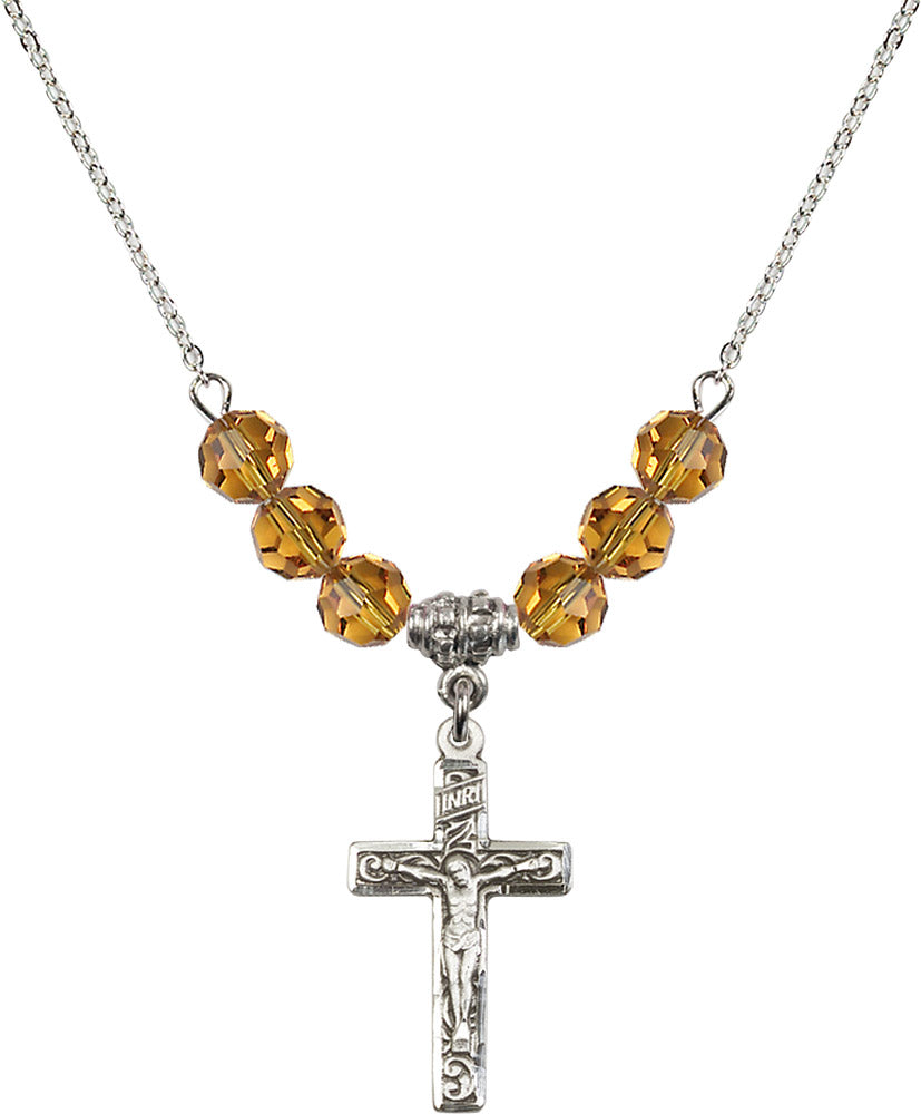Sterling Silver Crucifix Birthstone Necklace with Topaz Beads - 0673