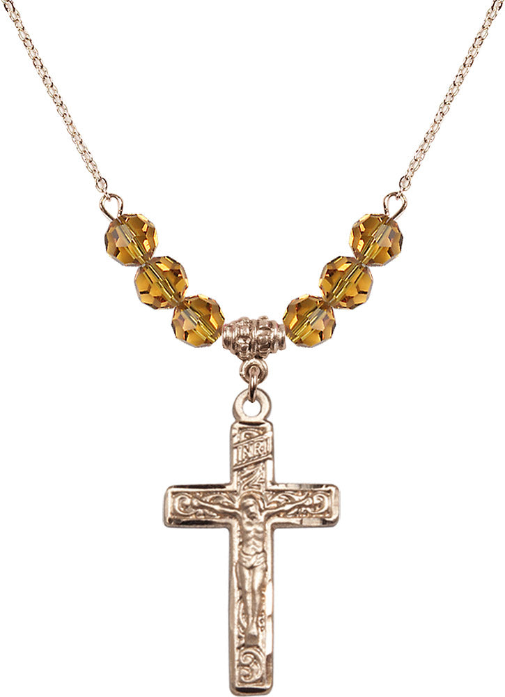 14kt Gold Filled Crucifix Birthstone Necklace with Topaz Beads - 0674
