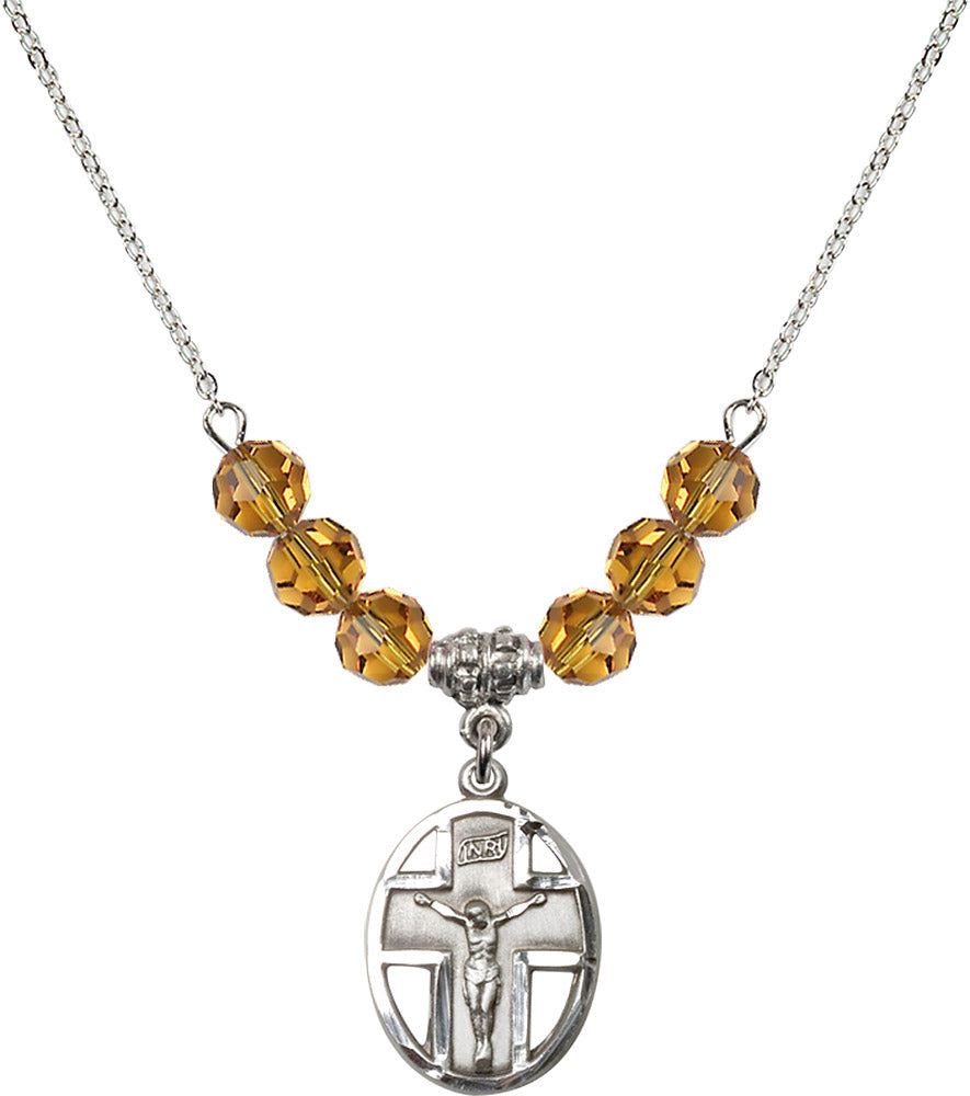 Sterling Silver Crucifix Birthstone Necklace with Topaz Beads - 0878