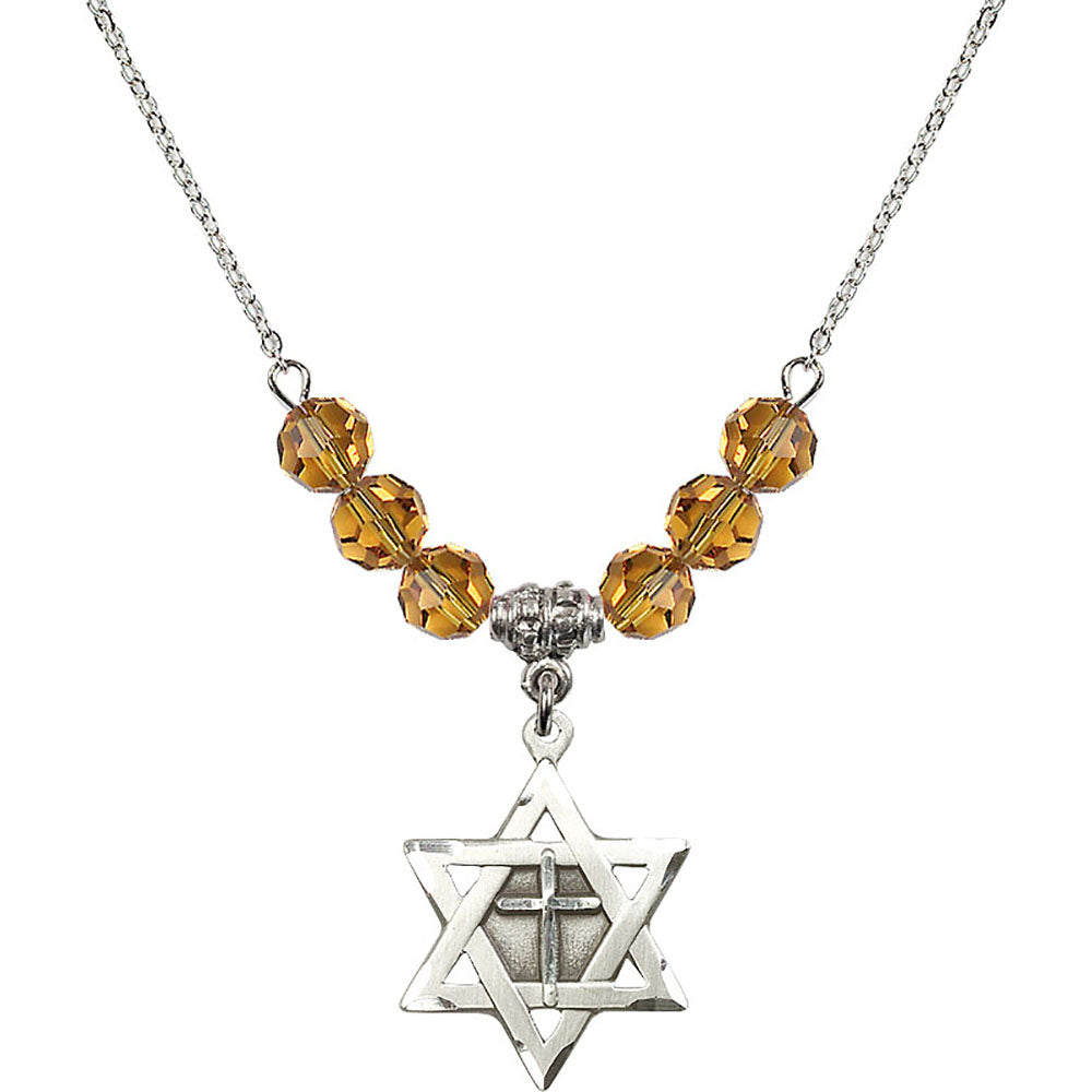Sterling Silver Star of David w/ Cross Birthstone Necklace with Topaz Beads - 1210