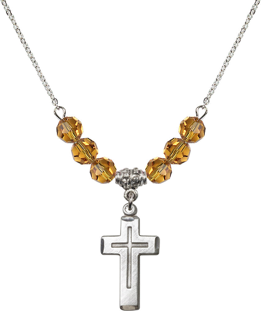Sterling Silver Cross Birthstone Necklace with Topaz Beads - 1529