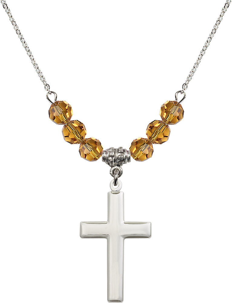 Sterling Silver Cross Birthstone Necklace with Topaz Beads - 2190