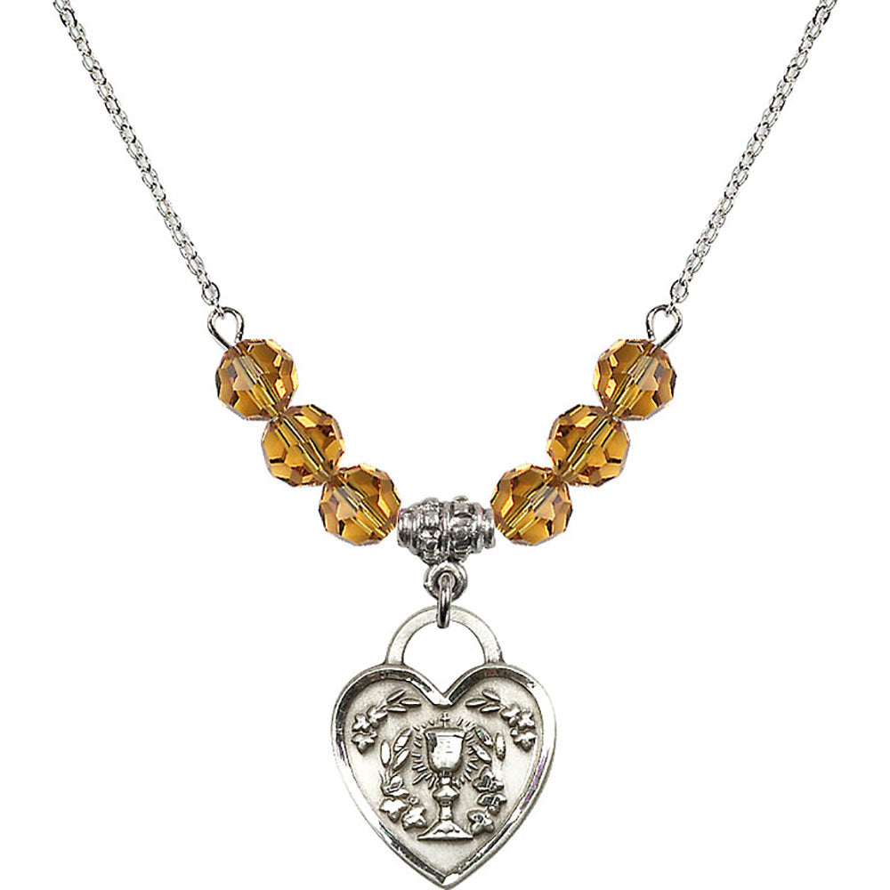Sterling Silver Communion Heart Birthstone Necklace with Topaz Beads - 3204