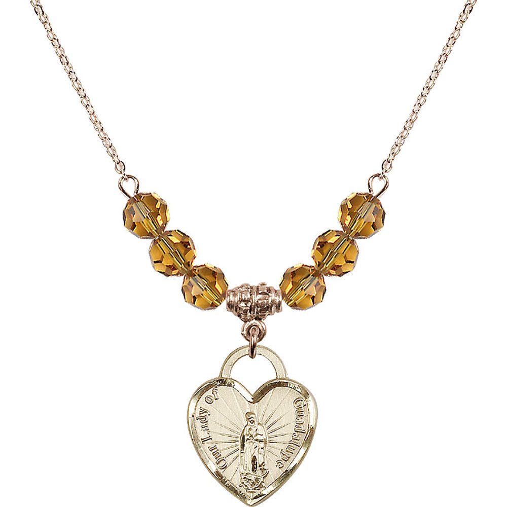 14kt Gold Filled Our Lady of Guadalupe Heart / Recuerdo Birthstone Necklace with Topaz Beads - 3209