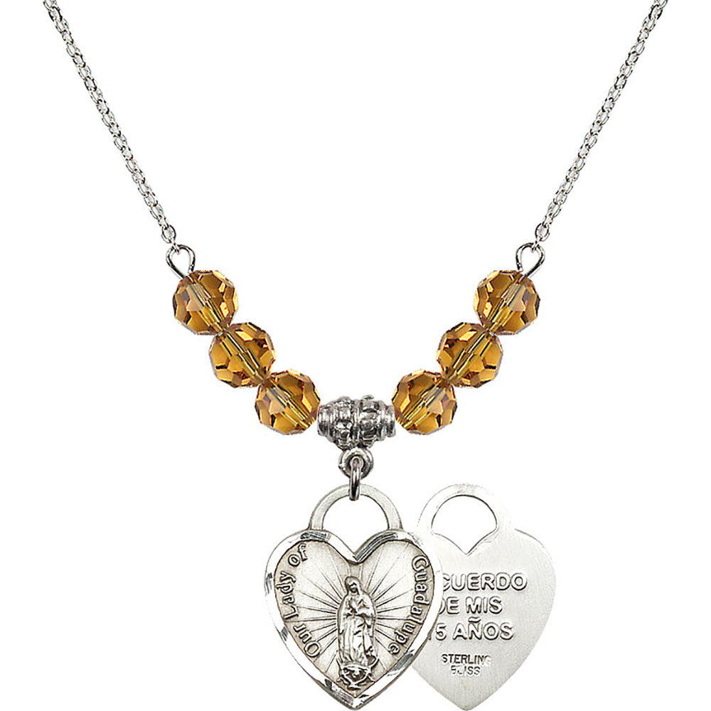 Sterling Silver Our Lady of Guadalupe Heart / Recuerdo Birthstone Necklace with Topaz Beads - 3209