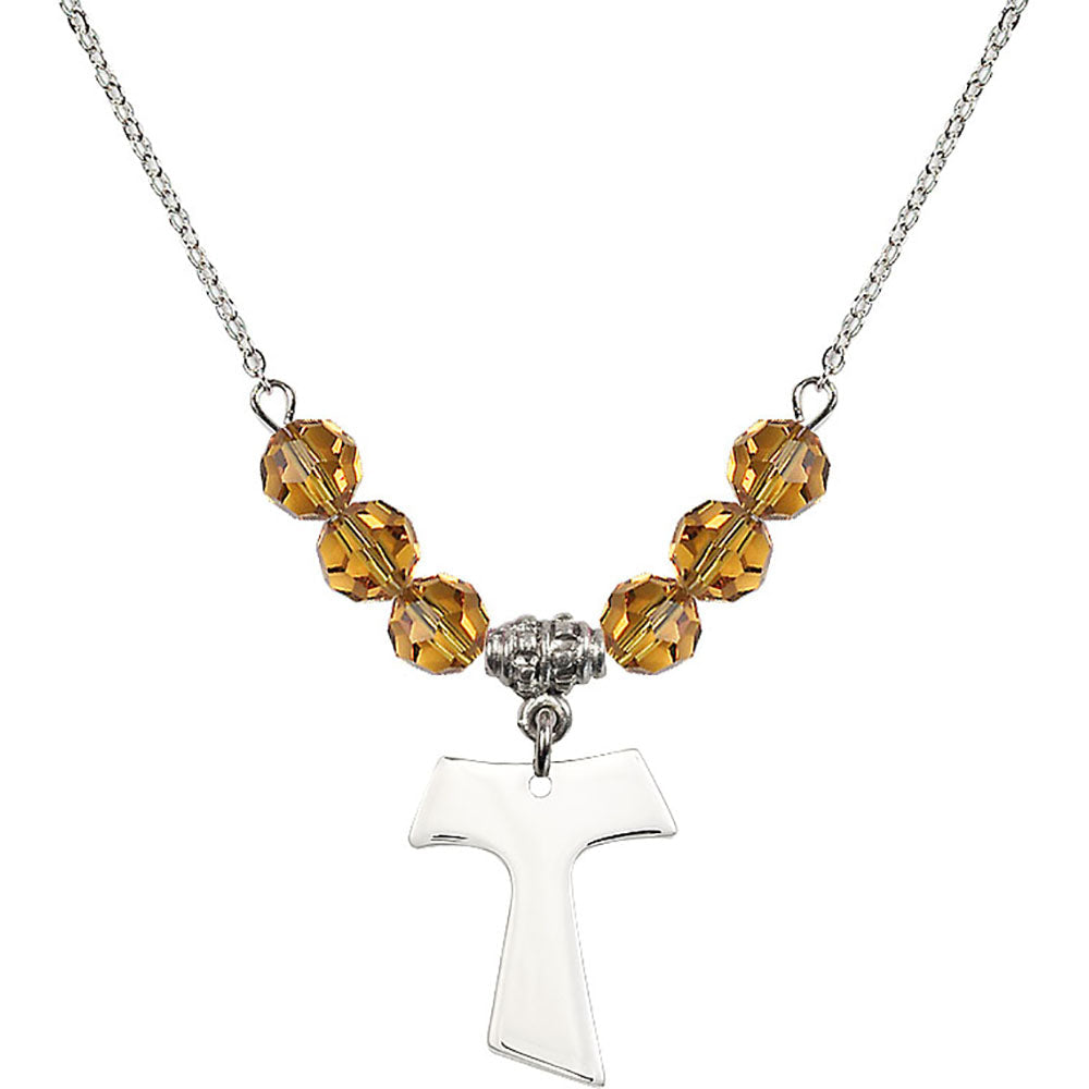 Sterling Silver Tau Cross Birthstone Necklace with Topaz Beads - 3948