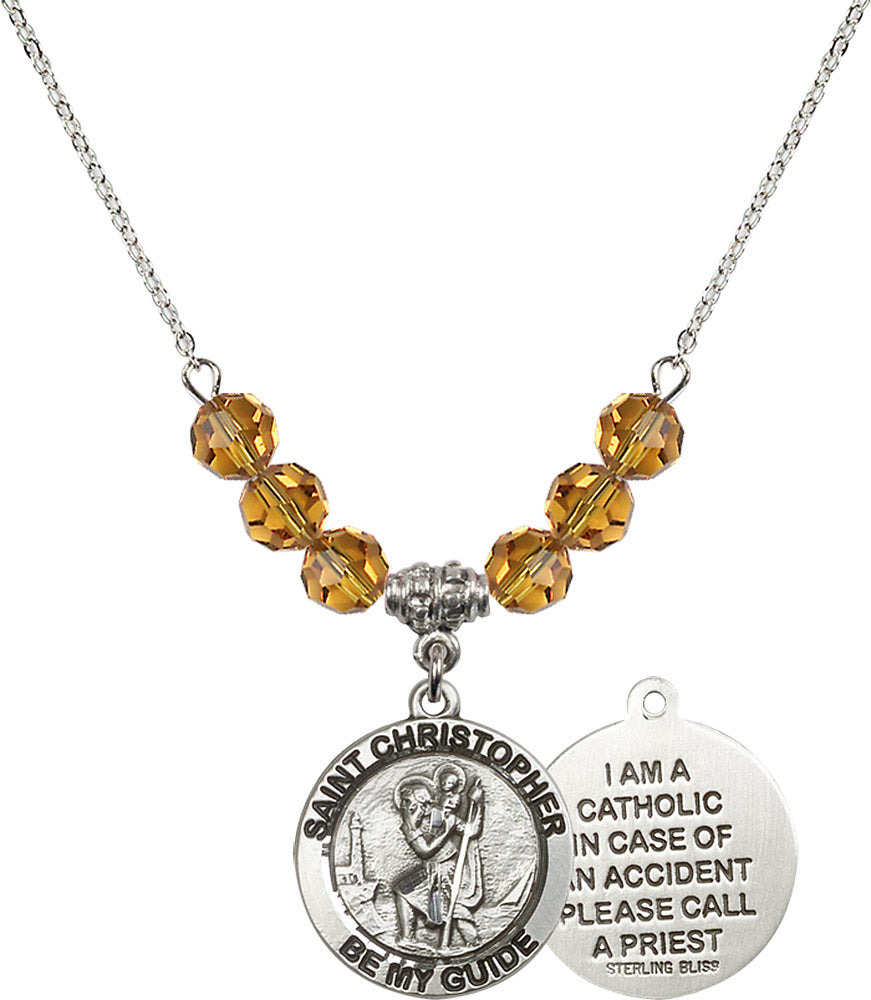 Sterling Silver Saint Christopher Birthstone Necklace with Topaz Beads - 4049