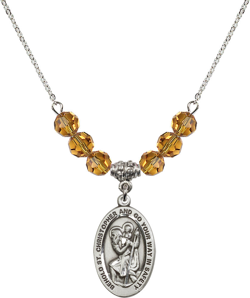 Sterling Silver Saint Christopher Birthstone Necklace with Topaz Beads - 4123