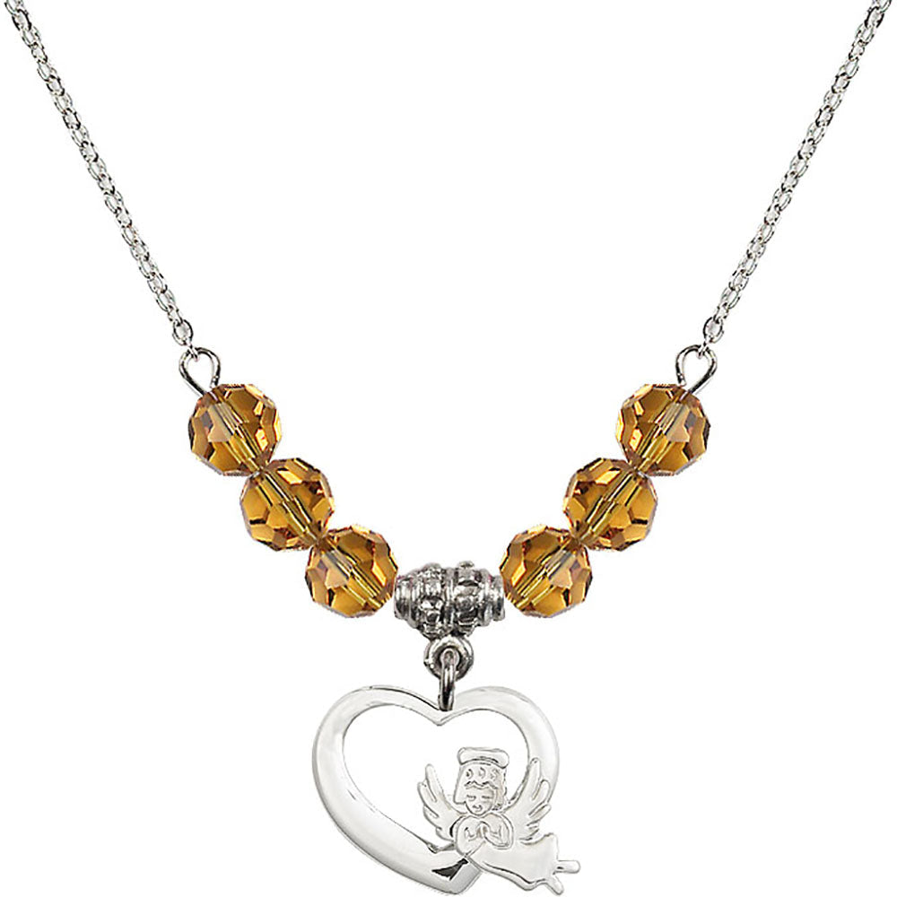Sterling Silver Heart / Guardian Angel Birthstone Necklace with Topaz Beads - 4206