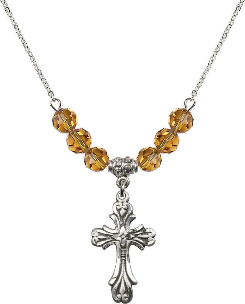 Sterling Silver Cross Birthstone Necklace with Topaz Beads - 5419