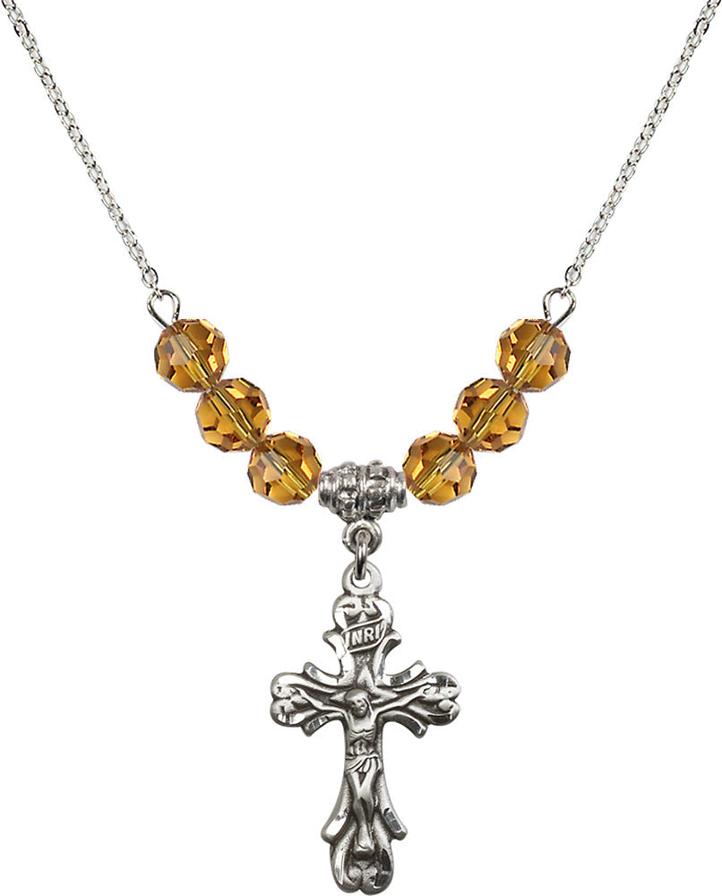 Sterling Silver Crucifix Birthstone Necklace with Topaz Beads - 5421