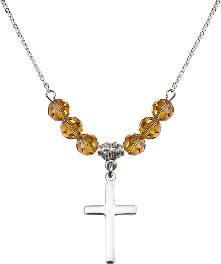 Sterling Silver Cross Birthstone Necklace with Topaz Beads - 5670
