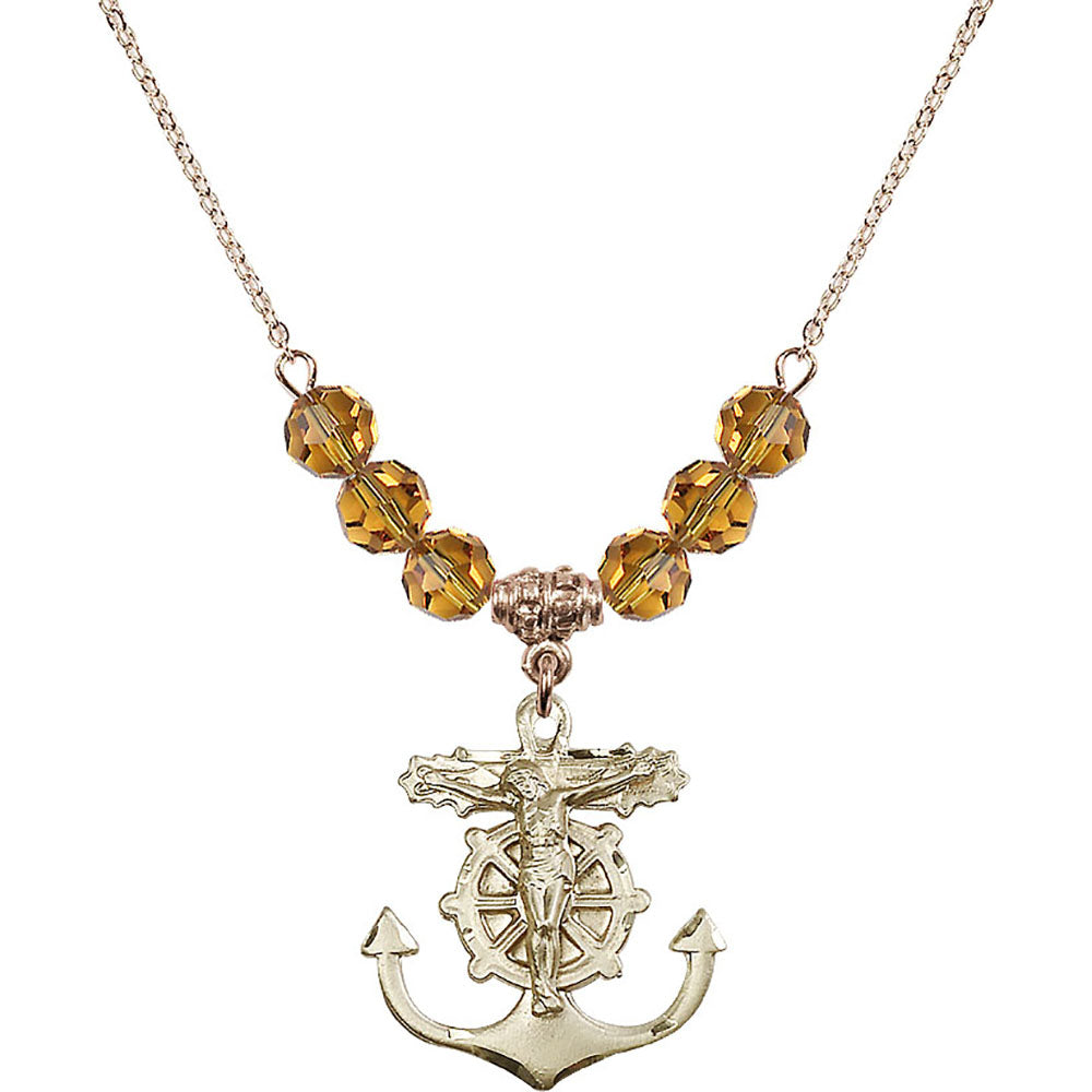 14kt Gold Filled Anchor Crucifix Birthstone Necklace with Topaz Beads - 5685