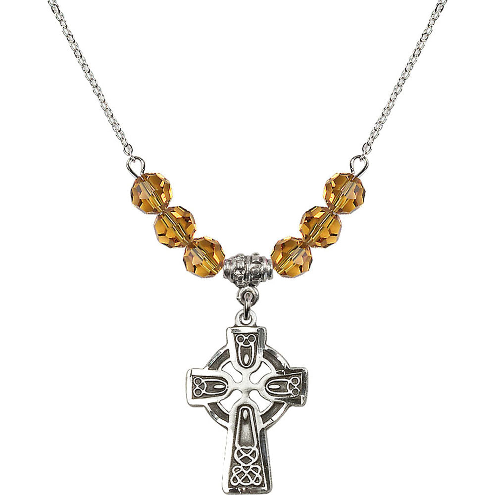 Sterling Silver Celtic Cross Birthstone Necklace with Topaz Beads - 5689