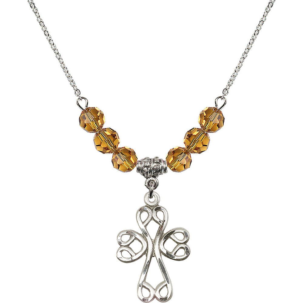 Sterling Silver Scroll Cross Birthstone Necklace with Topaz Beads - 5998
