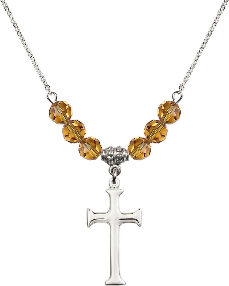 Sterling Silver Cross Birthstone Necklace with Topaz Beads - 6008