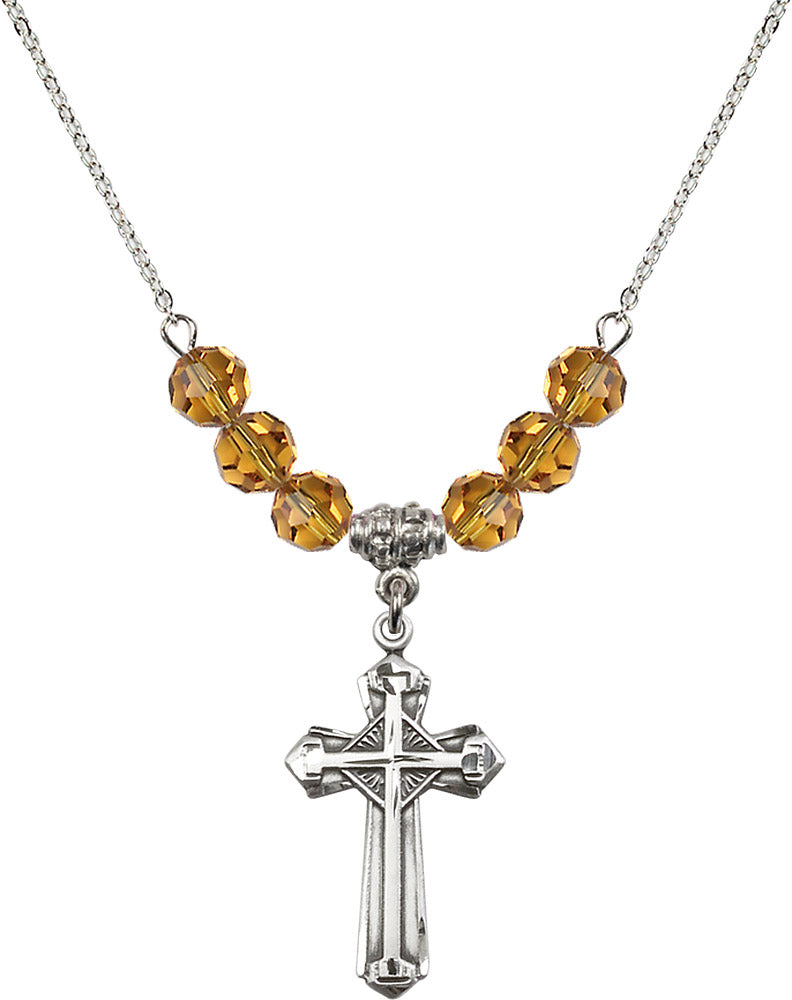 Sterling Silver Cross Birthstone Necklace with Topaz Beads - 6012