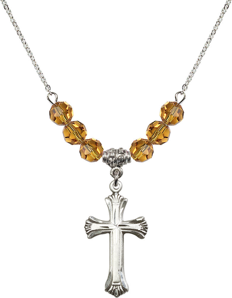 Sterling Silver Cross Birthstone Necklace with Topaz Beads - 6013