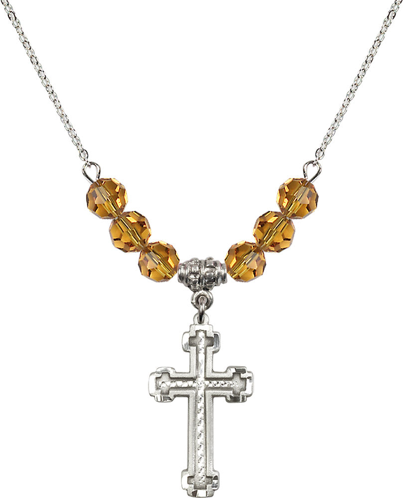 Sterling Silver Cross Birthstone Necklace with Topaz Beads - 6039