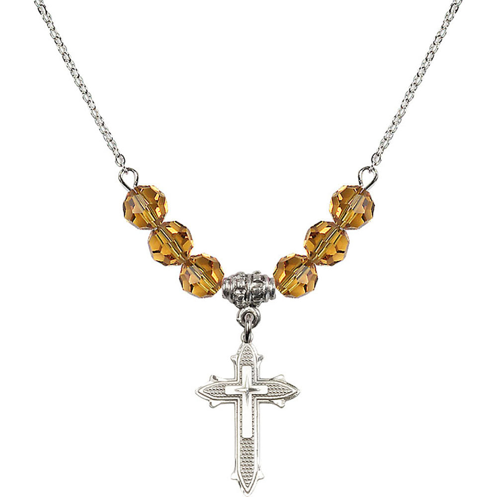 Sterling Silver Cross on Cross Birthstone Necklace with Topaz Beads - 6058