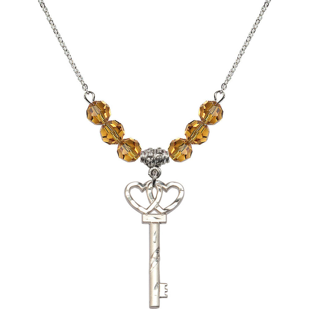 Sterling Silver Small Key w/Double Hearts Birthstone Necklace with Topaz Beads - 6213