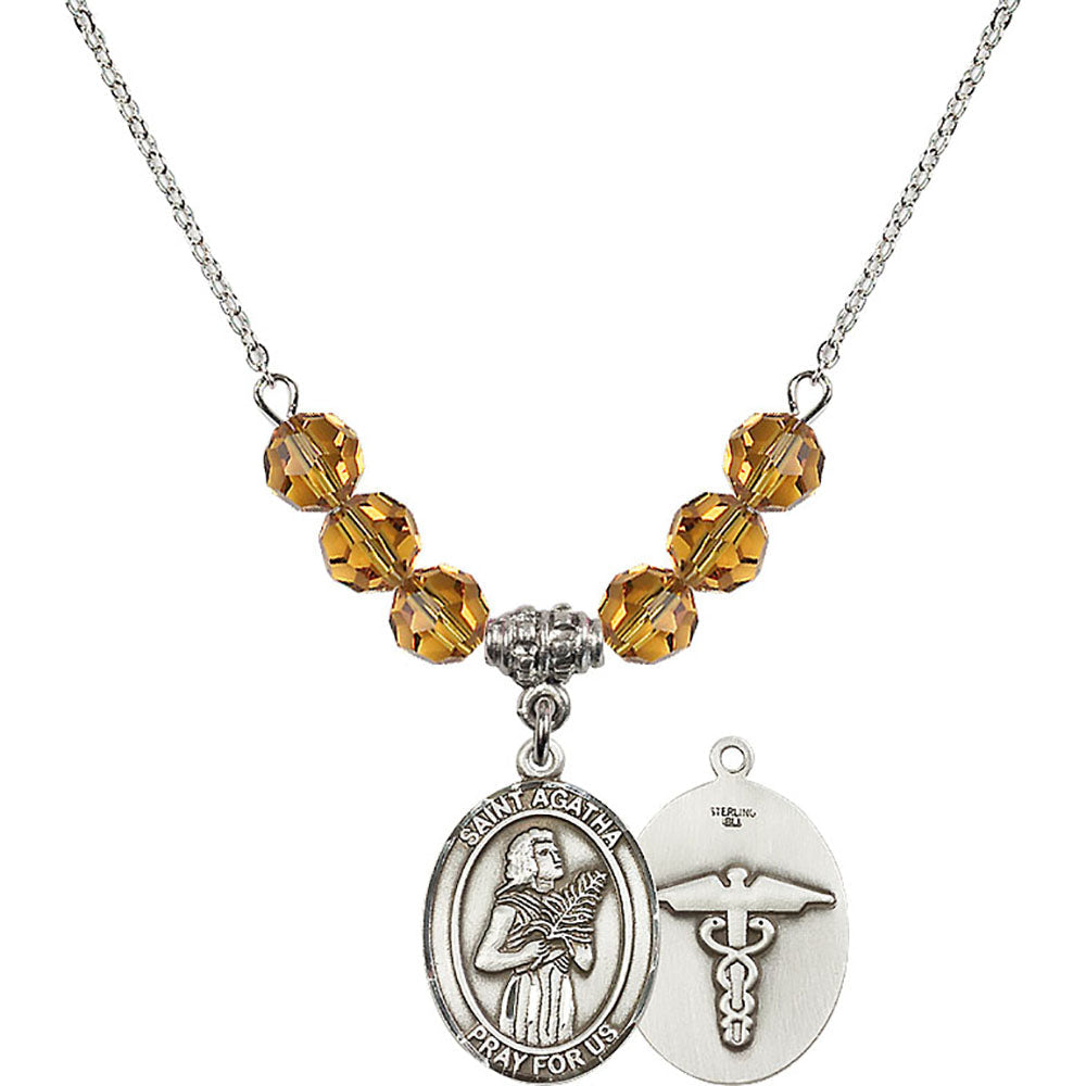 Sterling Silver Saint Agatha / Nurse Birthstone Necklace with Topaz Beads - 8003