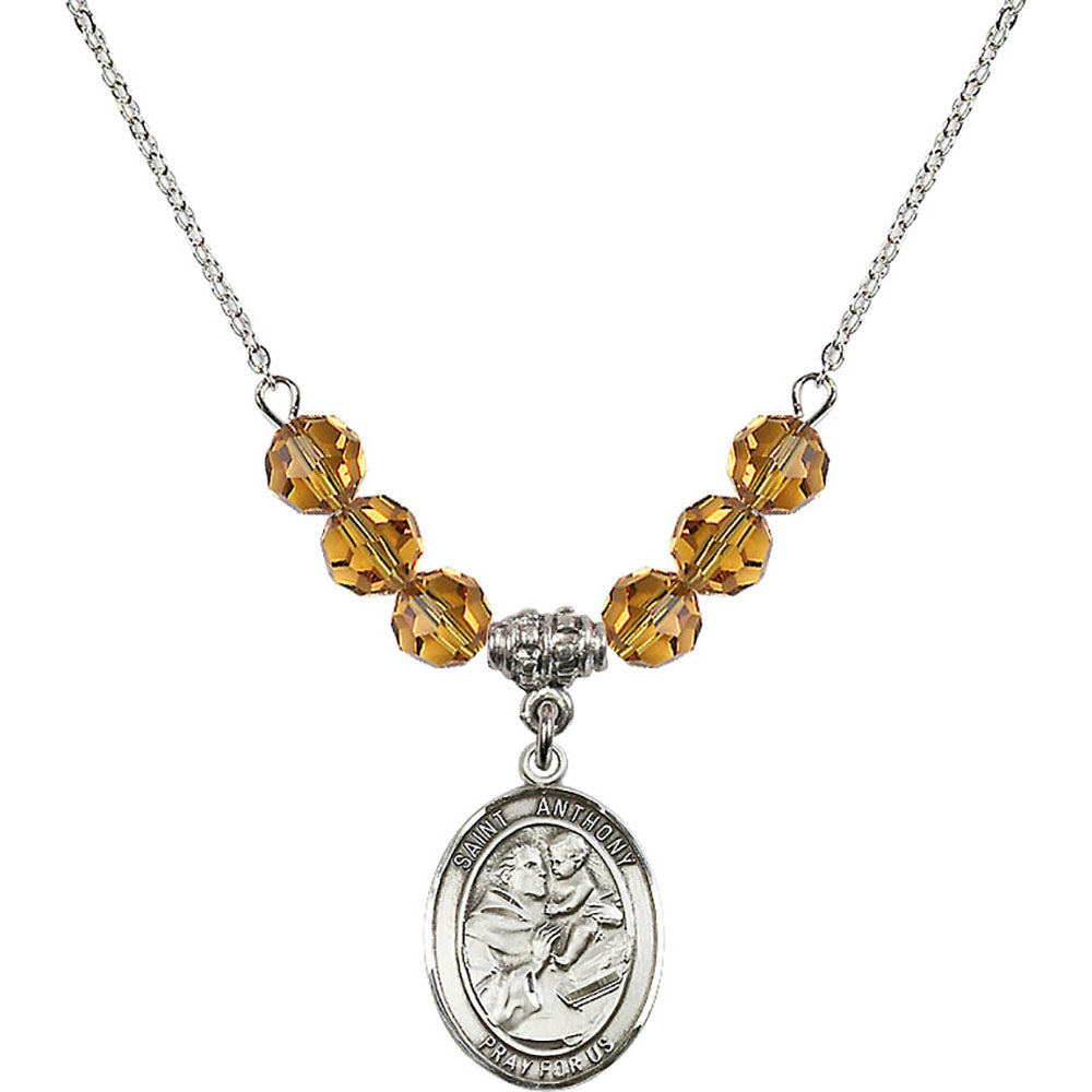 Sterling Silver Saint Anthony of Padua Birthstone Necklace with Topaz Beads - 8004
