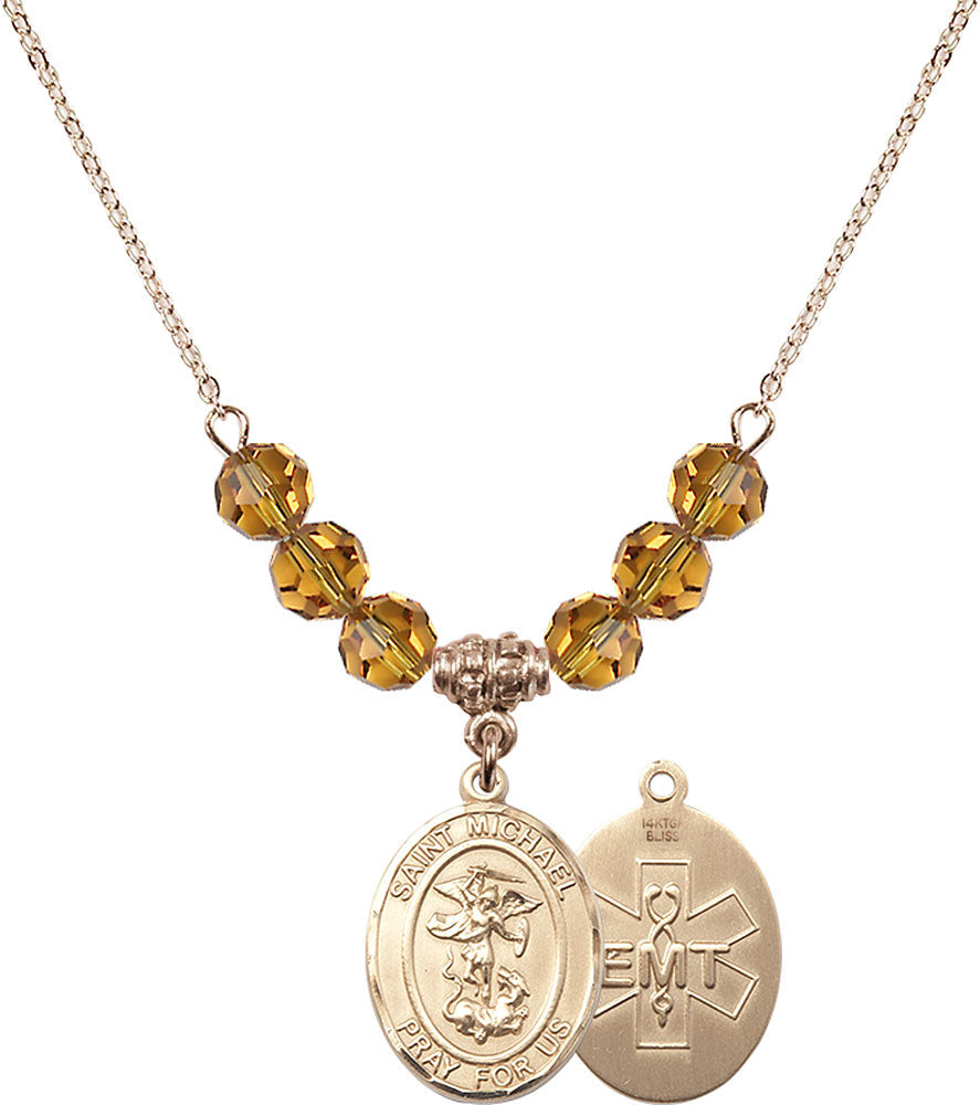 14kt Gold Filled Saint Michael / EMT Birthstone Necklace with Topaz Beads - 8076