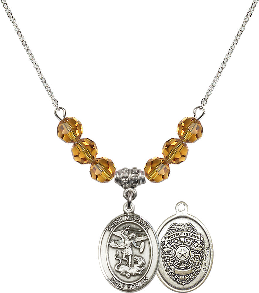 Sterling Silver Saint Michael / Policeman Birthstone Necklace with Topaz Beads - 8076
