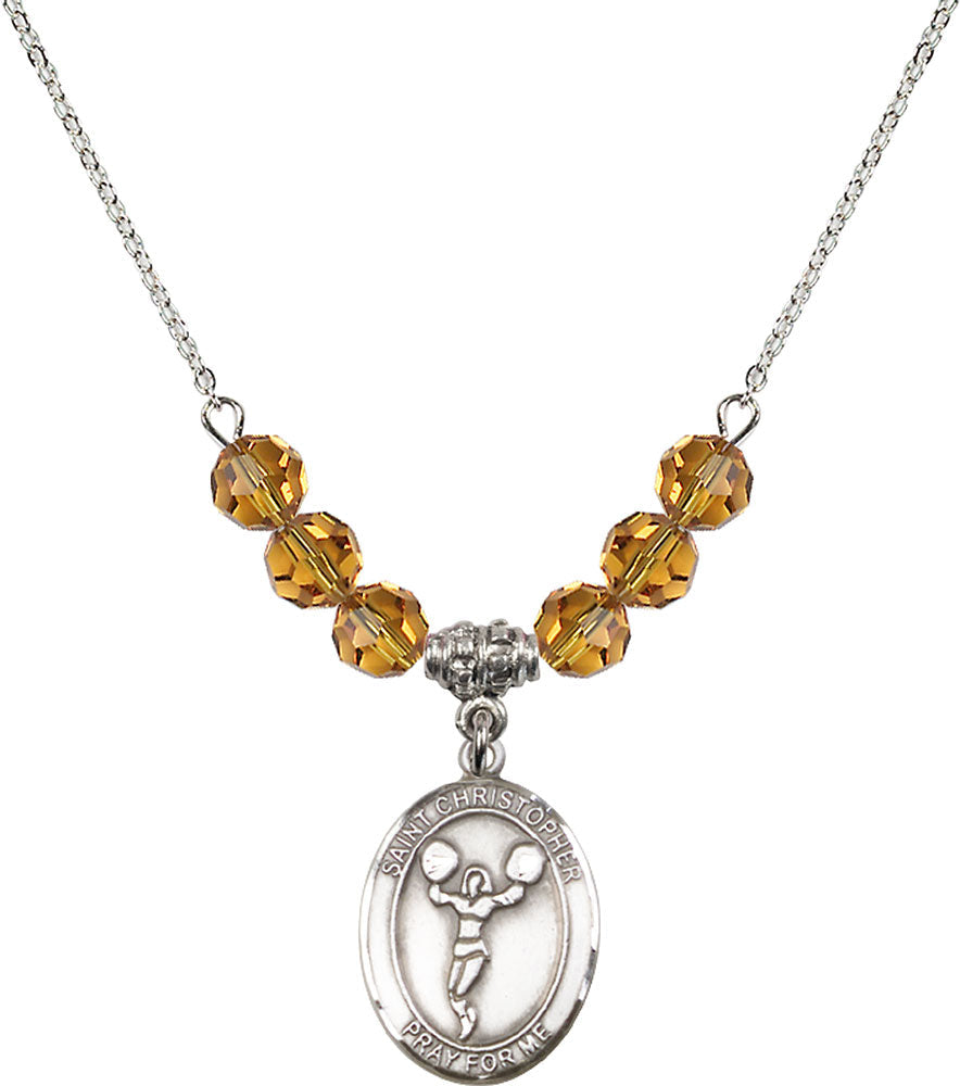 Sterling Silver Saint Christopher/Cheerleading Birthstone Necklace with Topaz Beads - 8140