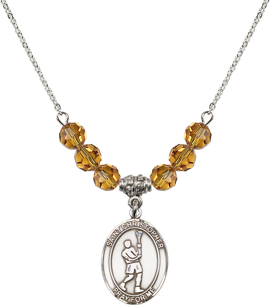 Sterling Silver Saint Christopher/Lacrosse Birthstone Necklace with Topaz Beads - 8144