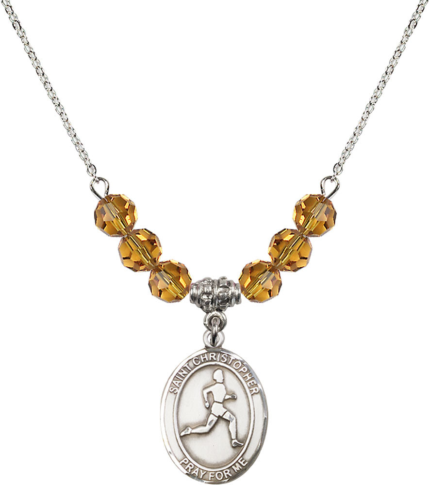 Sterling Silver Saint Christopher/Track & Field Birthstone Necklace with Topaz Beads - 8149