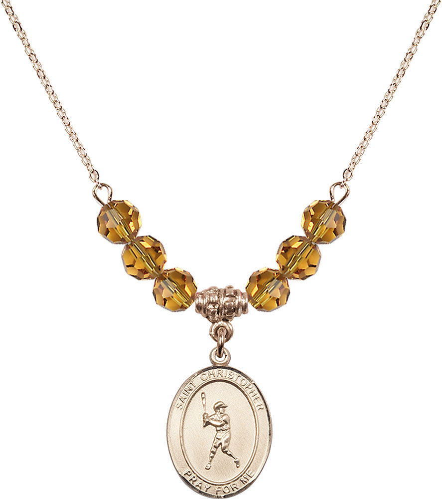 14kt Gold Filled Saint Christopher/Baseball Birthstone Necklace with Topaz Beads - 8150