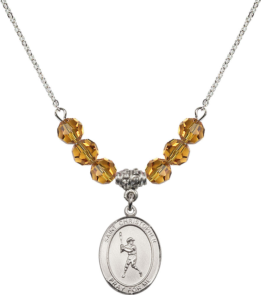 Sterling Silver Saint Christopher/Baseball Birthstone Necklace with Topaz Beads - 8150