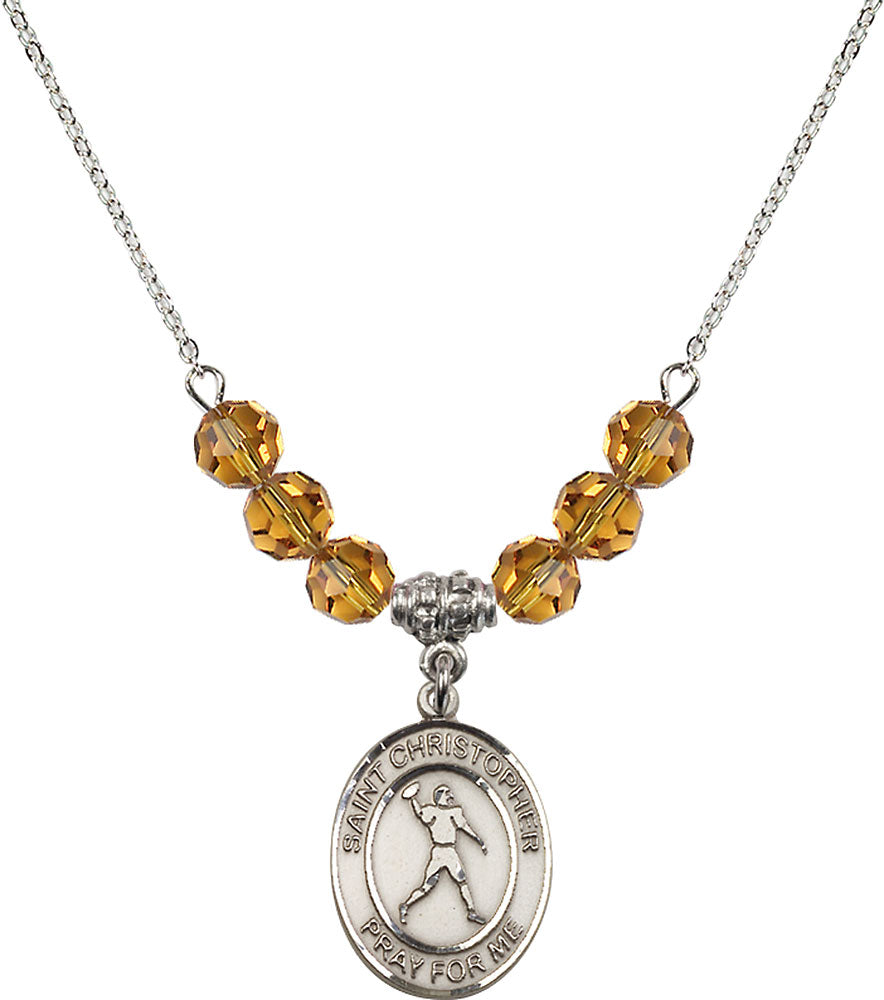 Sterling Silver Saint Christopher/Football Birthstone Necklace with Topaz Beads - 8151