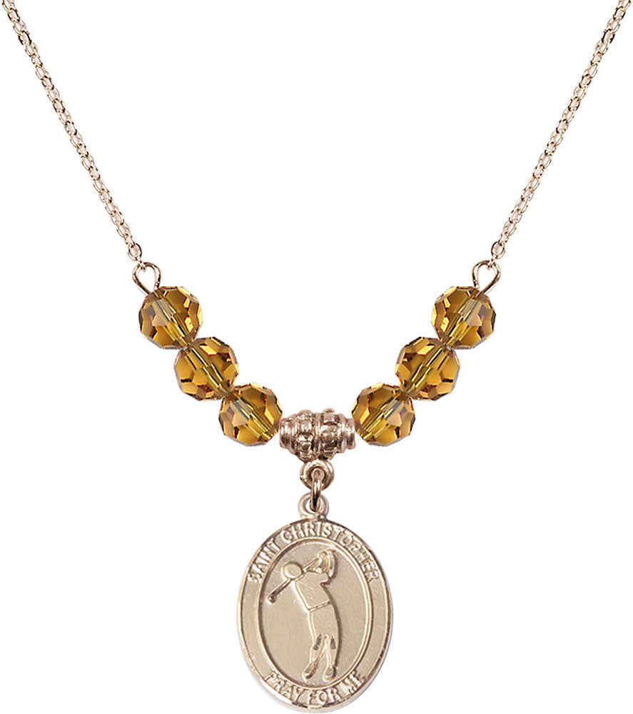14kt Gold Filled Saint Christopher/Golf Birthstone Necklace with Topaz Beads - 8152