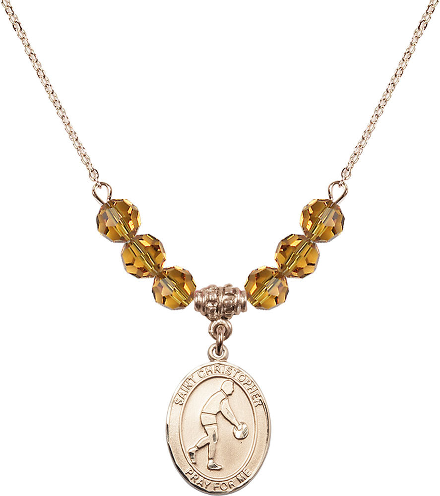 14kt Gold Filled Saint Christopher/Basketball Birthstone Necklace with Topaz Beads - 8153
