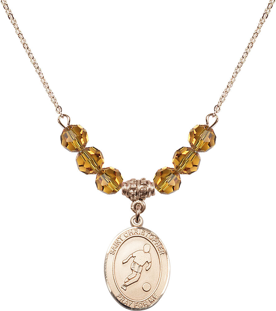 14kt Gold Filled Saint Christopher/Soccer Birthstone Necklace with Topaz Beads - 8154
