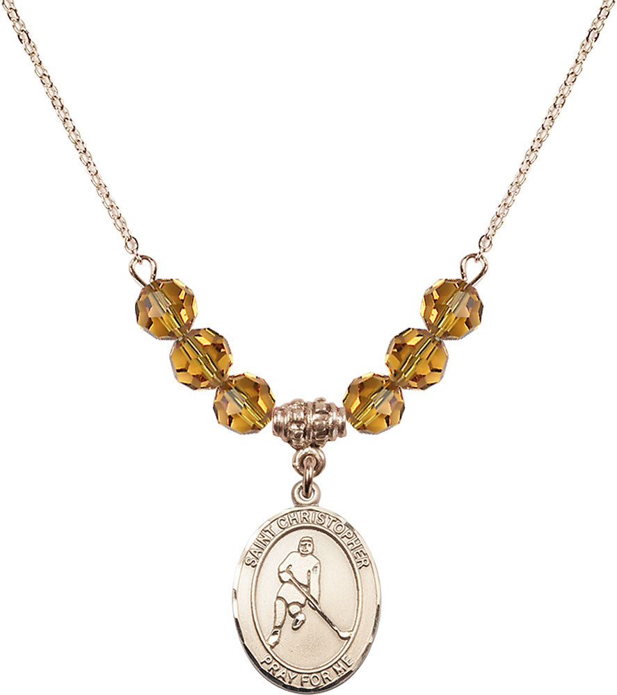 14kt Gold Filled Saint Christopher/Ice Hockey Birthstone Necklace with Topaz Beads - 8155