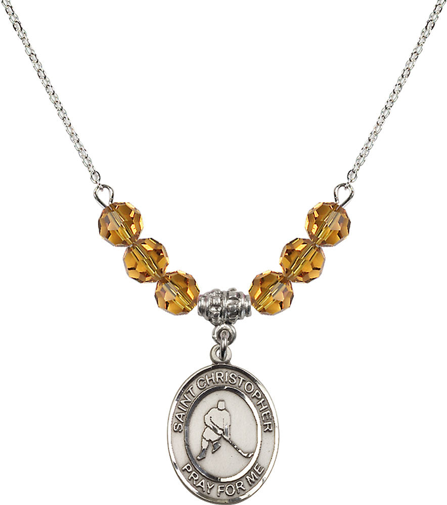 Sterling Silver Saint Christopher/Ice Hockey Birthstone Necklace with Topaz Beads - 8155