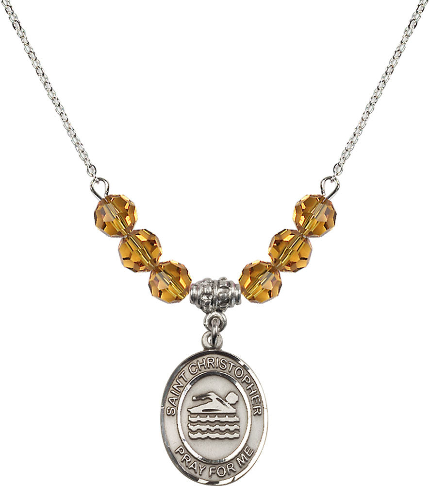 Sterling Silver Saint Christopher/Swimming Birthstone Necklace with Topaz Beads - 8157