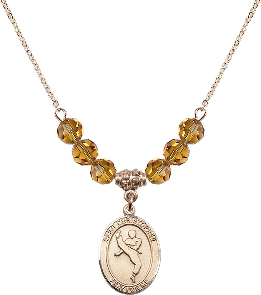 14kt Gold Filled Saint Christopher/Martial Arts Birthstone Necklace with Topaz Beads - 8158