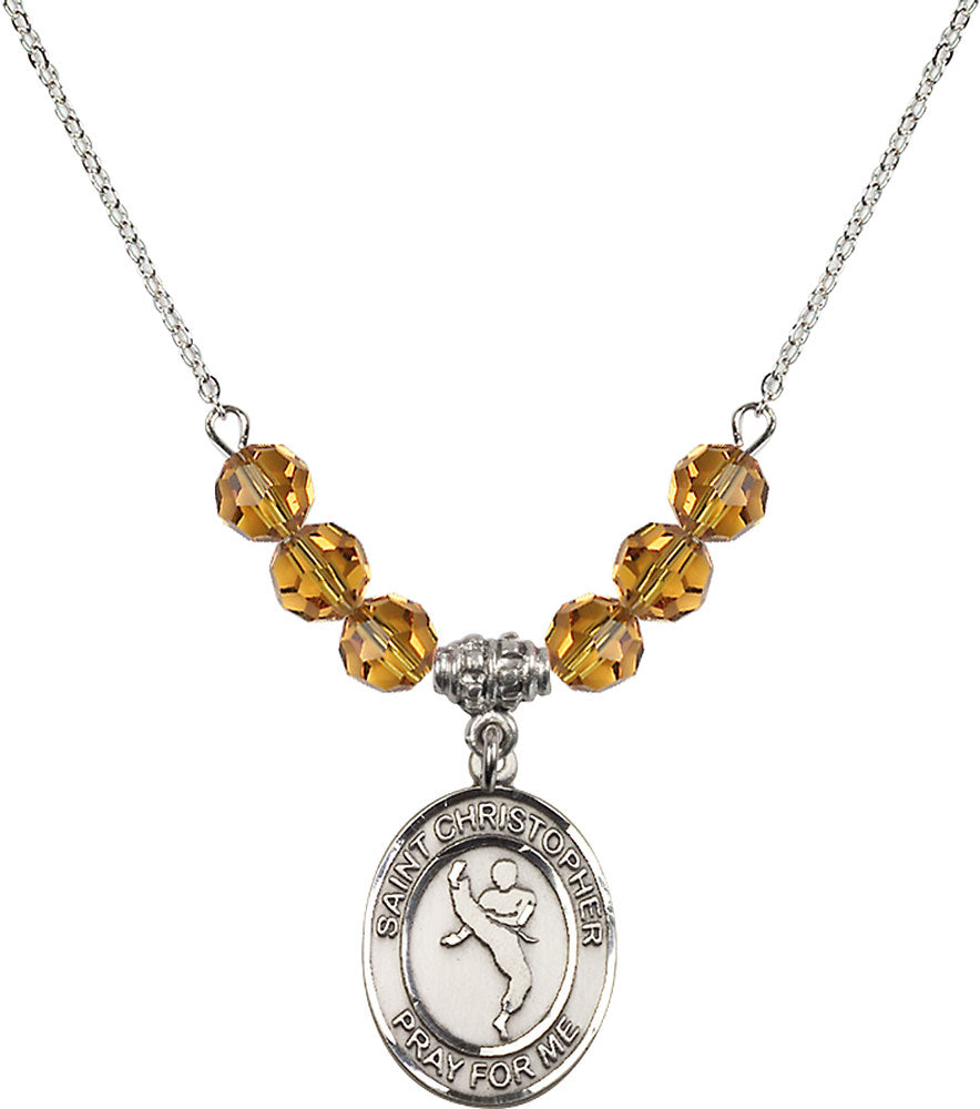 Sterling Silver Saint Christopher/Martial Arts Birthstone Necklace with Topaz Beads - 8158