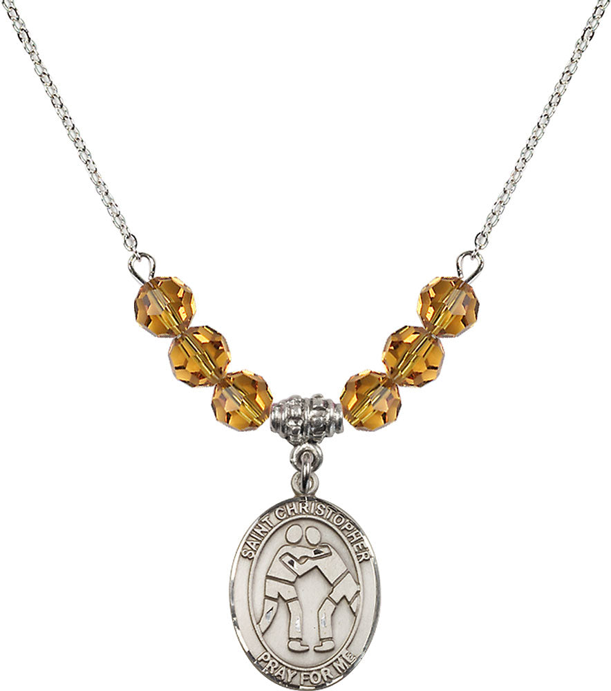 Sterling Silver Saint Christopher/Wrestling Birthstone Necklace with Topaz Beads - 8159