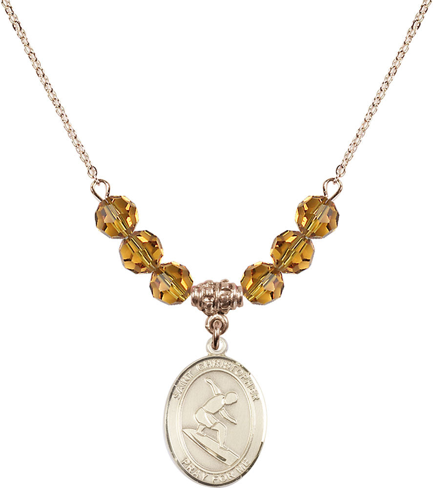 14kt Gold Filled Saint Christopher/Surfing Birthstone Necklace with Topaz Beads - 8184